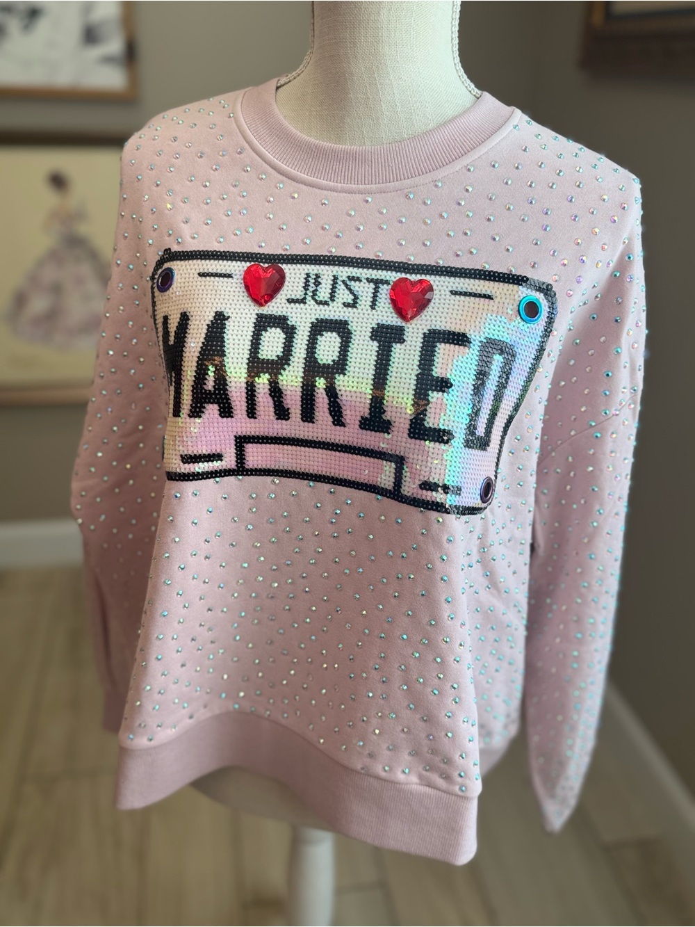 NWT! QUEEN OF SPARKLES Pink Rhinestone Just Married Oversized Sweatshirt